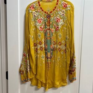 Johnny Was Mustard and multi colored Embroidered Blouse with tie front XL